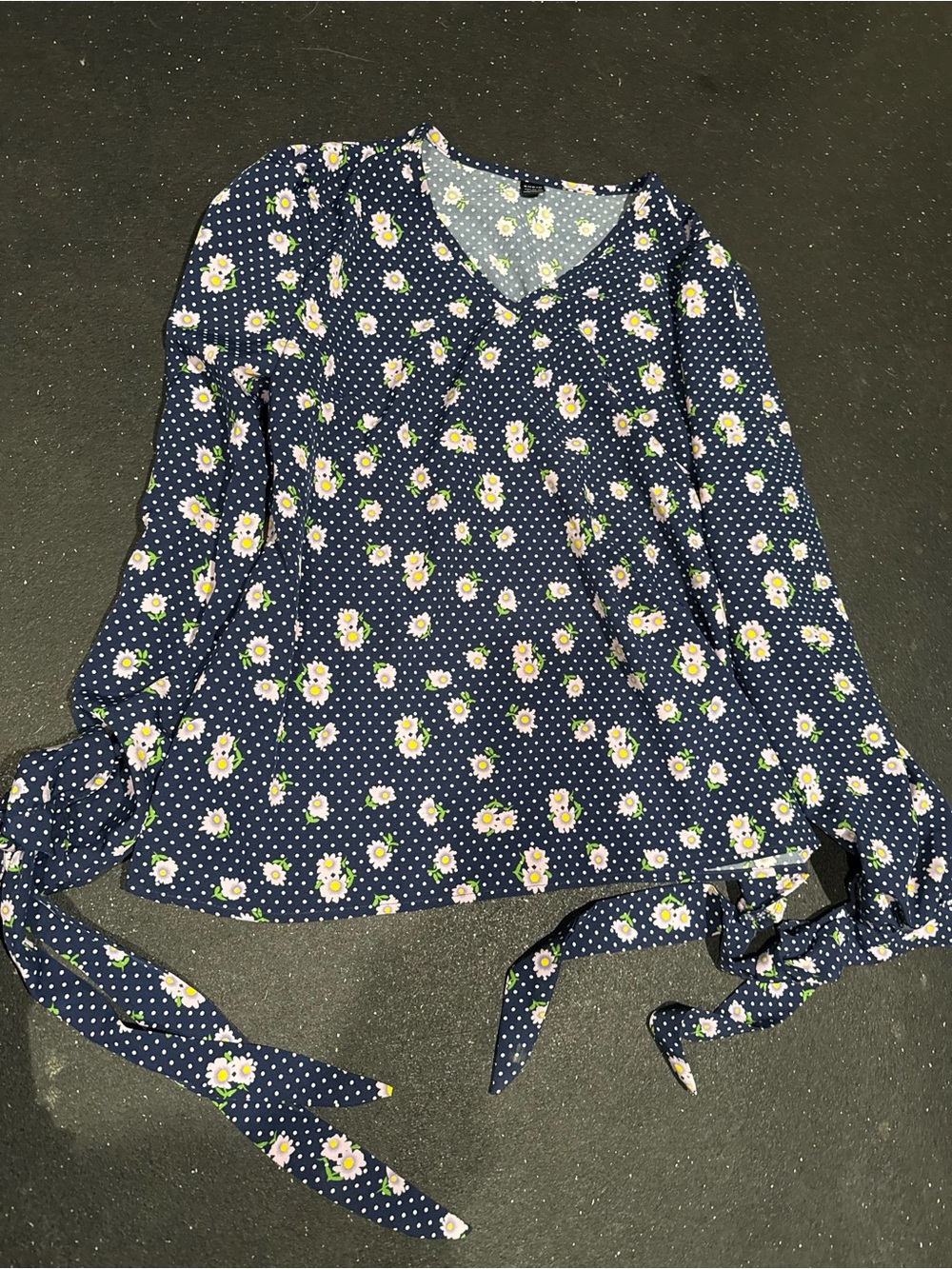SHEIN Navy Floral V-Neck Tie-Sleeve Blouse
